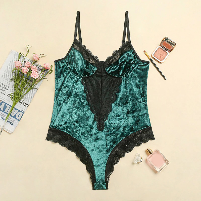 Women's Sexy Velvet Bodysuit in Two Colors / Wireless Bodycon Teddy with Lace / Erotic Outfits - EVE's SECRETS