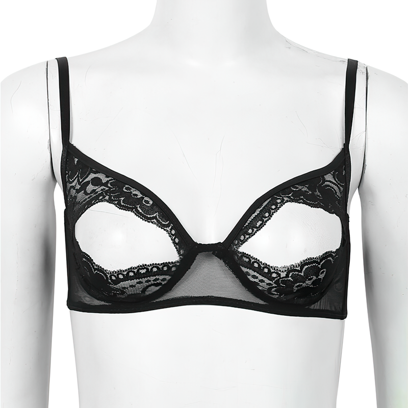 Women's Sheer Lace Floral Lingerie / Spaghetti Straps Nipple Split Wire-Free Sexy Bra - EVE's SECRETS