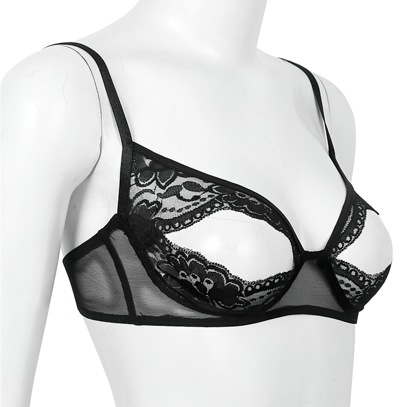 Women's Sheer Lace Floral Lingerie / Spaghetti Straps Nipple Split Wire-Free Sexy Bra - EVE's SECRETS