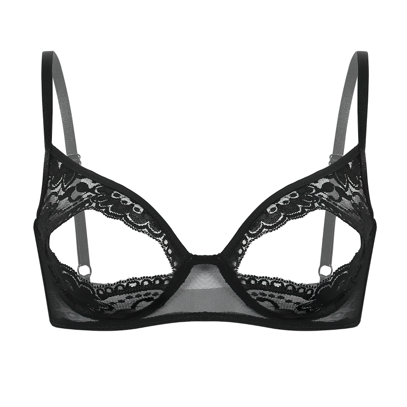 Women's Sheer Lace Floral Lingerie / Spaghetti Straps Nipple Split Wire-Free Sexy Bra - EVE's SECRETS