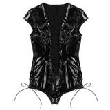 Womens Wet Look Sexy Patent Leather Bodysuit / One-Piece Lace-Up Zipper Romper Jumpsuit - EVE's SECRETS