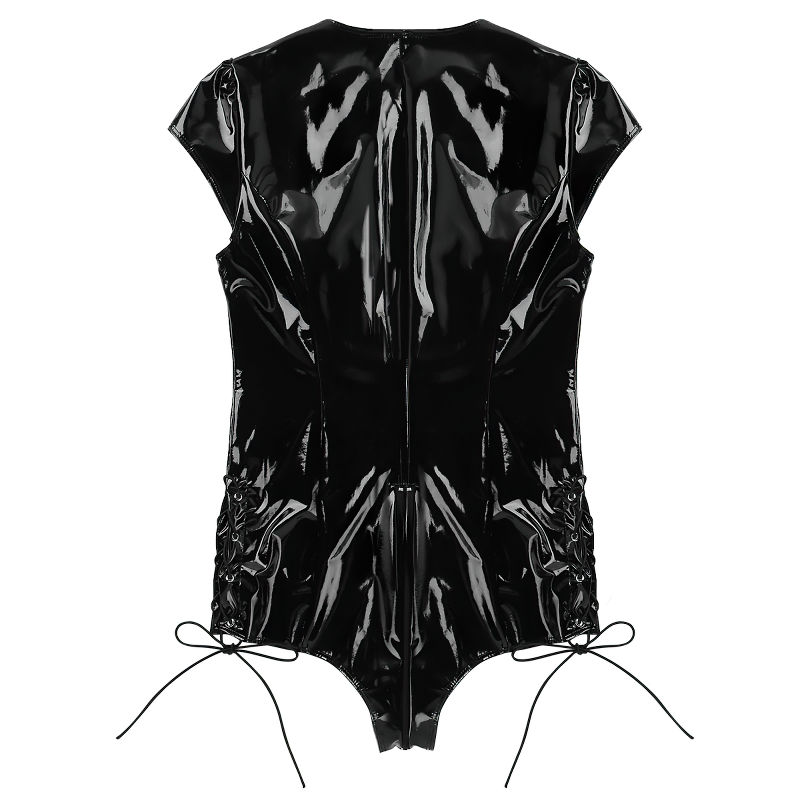 Womens Wet Look Sexy Patent Leather Bodysuit / One-Piece Lace-Up Zipper Romper Jumpsuit - EVE's SECRETS