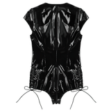 Womens Wet Look Sexy Patent Leather Bodysuit / One-Piece Lace-Up Zipper Romper Jumpsuit - EVE's SECRETS