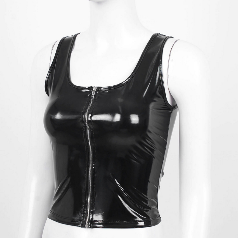 Women's Wet Look Tank Top with Zipper / Sexy U-neck Sleeveless Outfits in Two Colors - EVE's SECRETS