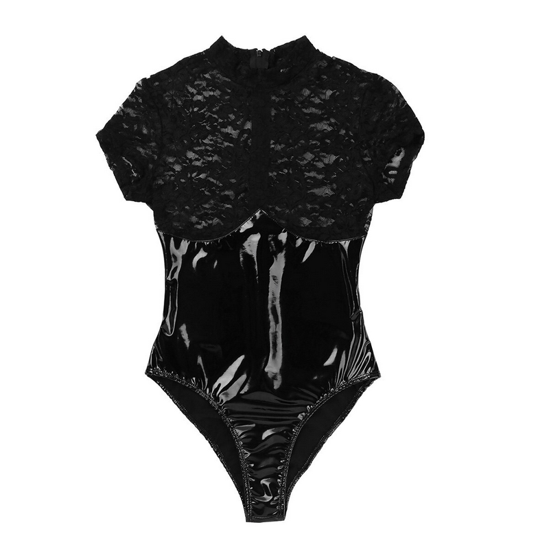 Women's Wetlook Lingerie Clubwear / Lace Splice High Cut Back Zipper Bodysuit - EVE's SECRETS