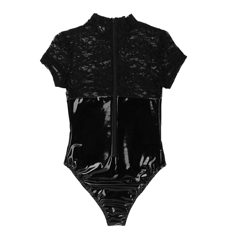 Women's Wetlook Lingerie Clubwear / Lace Splice High Cut Back Zipper Bodysuit - EVE's SECRETS