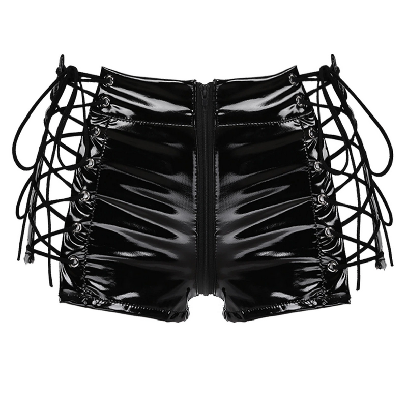 Women's Wetlook Sexy Mini Shorts / Leather Low Rise Hollow Out Lace-up Booty - EVE's SECRETS