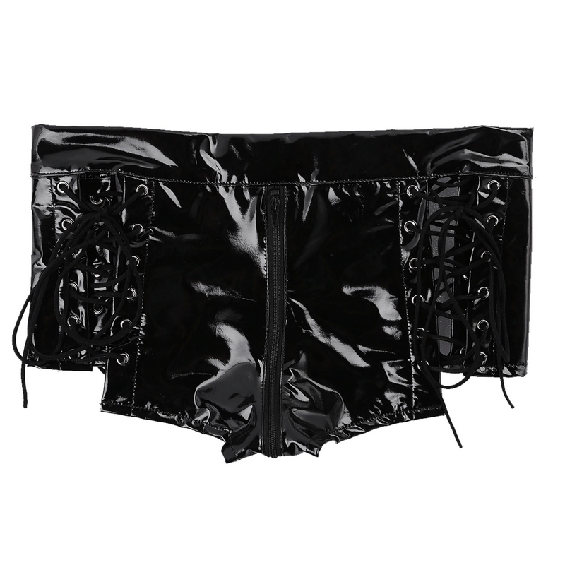 Women's Wetlook Sexy Mini Shorts / Leather Low Rise Hollow Out Lace-up Booty - EVE's SECRETS