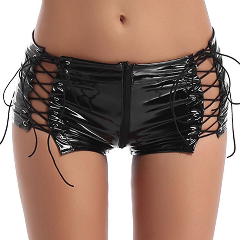Women's Wetlook Sexy Mini Shorts / Leather Low Rise Hollow Out Lace-up Booty - EVE's SECRETS