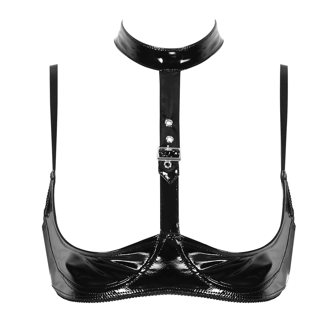 Women's Wire-Free Shelf Bra Top / Patent Leather Lingerie / Wetlook Open-Cup Bra With Halter Neck - EVE's SECRETS