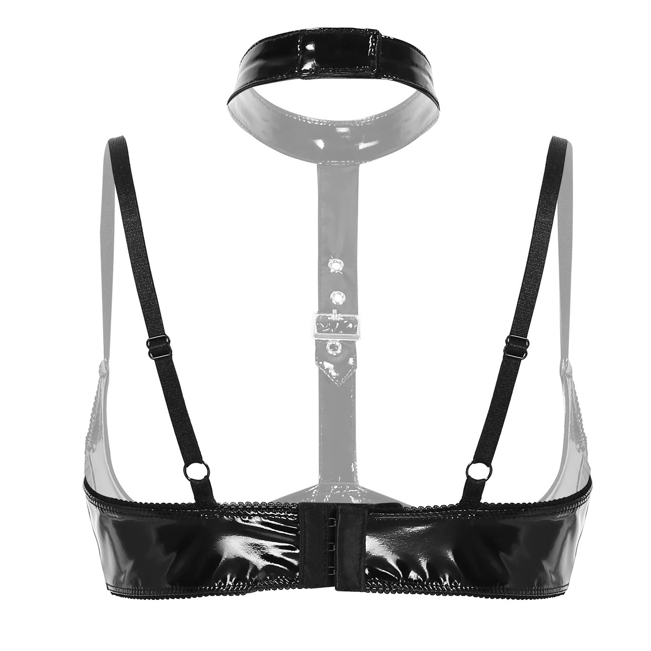 Women's Wire-Free Shelf Bra Top / Patent Leather Lingerie / Wetlook Open-Cup Bra With Halter Neck - EVE's SECRETS