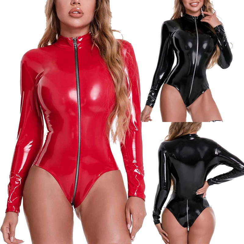 Women's Zipper Patent Leather Bodysuit / Long Sleeves Slim Latex Leotard / Pole Dance Clubwear - EVE's SECRETS