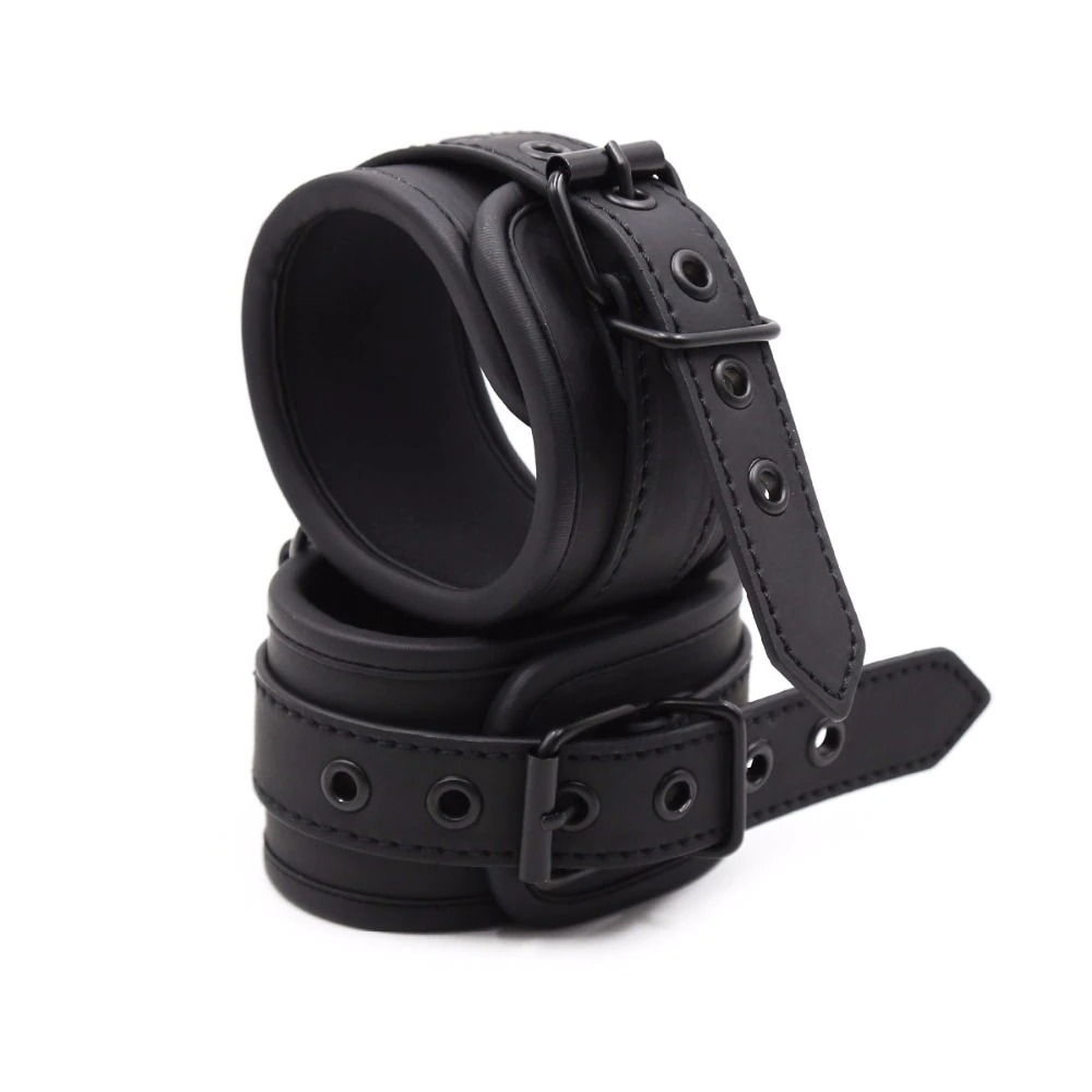 Wrist Cuffs & Ankle Cuffs & Neck Collar Solid Black Set / PU Leather BDSM Bondage Accessories - EVE's SECRETS