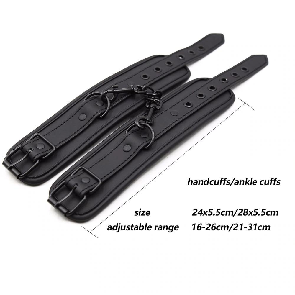 Wrist Cuffs & Ankle Cuffs & Neck Collar Solid Black Set / PU Leather BDSM Bondage Accessories - EVE's SECRETS