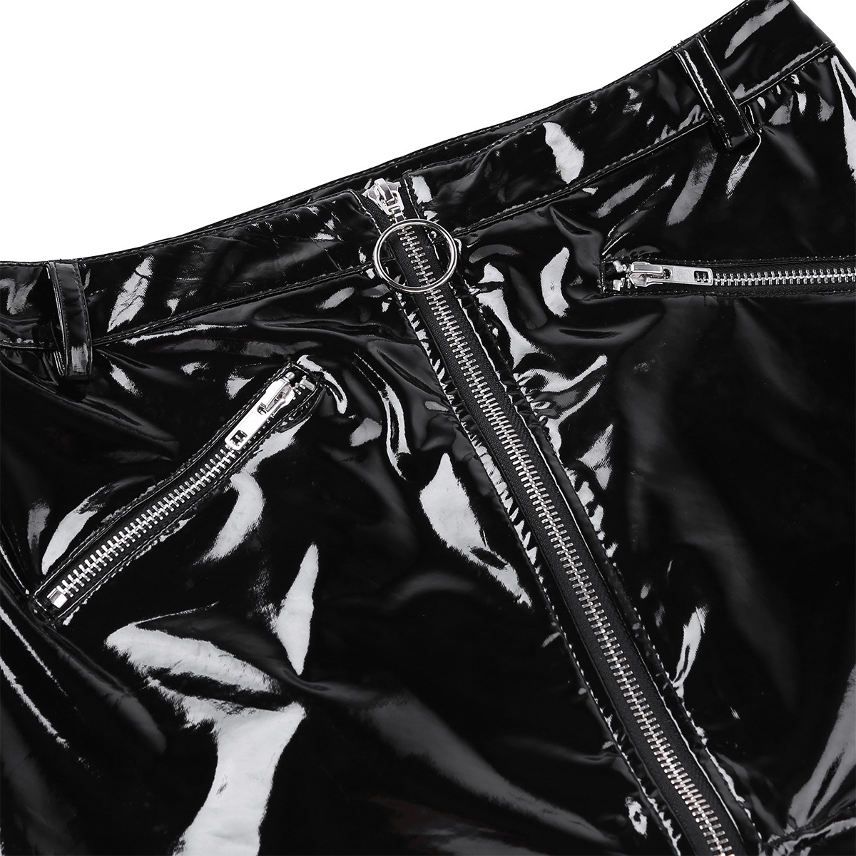 Zip Front Bodycon Mini Skirt with Pockets / Women's Sexy Wetlook Outfits in Black and Leopard Colors - EVE's SECRETS