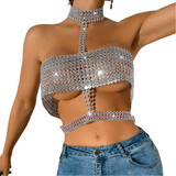 Erotic Sparkling Rhinestone Halter Crop Top Glamour Wear