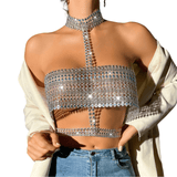 Erotic Sparkling Rhinestone Halter Crop Top Glamour Wear