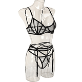 3-teiliges Intim-Erotik-Kostüm / elegante transparente Damenunterwäsche / exotisches Spitzenset 