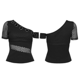Asymmetrical Mesh Punk Top with Metal Eyelets and Detailing