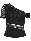 Asymmetrical Mesh Punk Top with Metal Eyelets and Detailing
