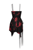 Asymmetrical Red and Black Strap Dress with Punk Rock Flair