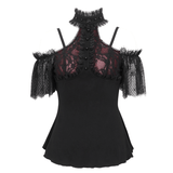 Black and Red Off-the-Shoulder Top with Short Lace Sleeves