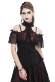 Black and Red Off-the-Shoulder Top with Short Lace Sleeves