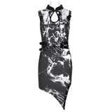 Black and White Gothic Uneven Hem Dress with Buckle Accents