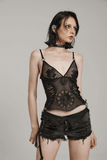 Black Camisole with Lace and Mesh Embroidered Sunflowers