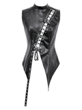 Black Faux Leather Lace-up Top With Buckles in Gothic Style