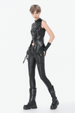 Black Faux Leather Lace-up Top With Buckles in Gothic Style