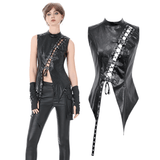Black Faux Leather Lace-up Top With Buckles in Gothic Style
