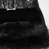 Black Goth Faux Fur Mini Skirt with Edgy Studded Belt