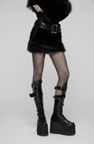Black Goth Faux Fur Mini Skirt with Edgy Studded Belt