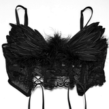 Black Gothic Angel Wing Crop Top with Feather Lace