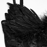 Black Gothic Angel Wing Crop Top with Feather Lace