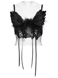Black Gothic Angel Wing Crop Top with Feather Lace
