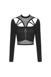 Black Gothic Crop Top with Mesh and Strap Accents