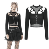 Black Gothic Crop Top with Mesh and Strap Accents