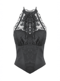 Black Gothic Lace Halter Top with Dark Rose Accent