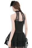Black Gothic Lace Halter Top with Dark Rose Accent