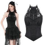 Black Gothic Lace Halter Top with Dark Rose Accent