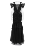 Black Gothic Lace Up Dress with Layered Tulle and Roses