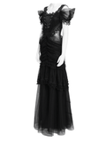 Black Gothic Lace Up Dress with Layered Tulle and Roses