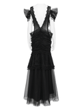 Black Gothic Lace Up Dress with Layered Tulle and Roses