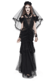 Black Gothic Lace Up Dress with Layered Tulle and Roses