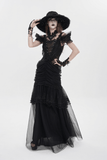 Black Gothic Lace Up Dress with Layered Tulle and Roses