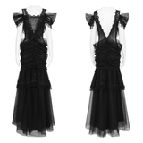 Black Gothic Lace Up Dress with Layered Tulle and Roses