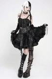 Black Gothic Lace Up Ruffle Mini Skirt with Chain