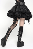 Black Gothic Lace Up Ruffle Mini Skirt with Chain